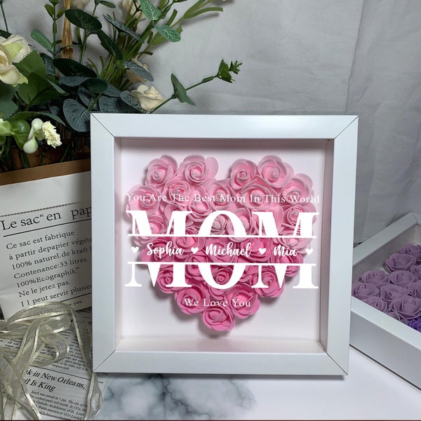 Boîte personnalisée ombre coeur fleur pour maman, cadeau maman personnalisé, boîte cadre rose, anniversaire, cadeau fête des mères pour grand-mère maman et grand-mère