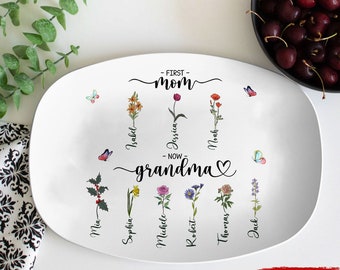 First Mom Now Grandma, Personalized Platter, Birth Month Flower Family Personalized Plate, Birthday, Mother's Day Gift for Grandma, Mom