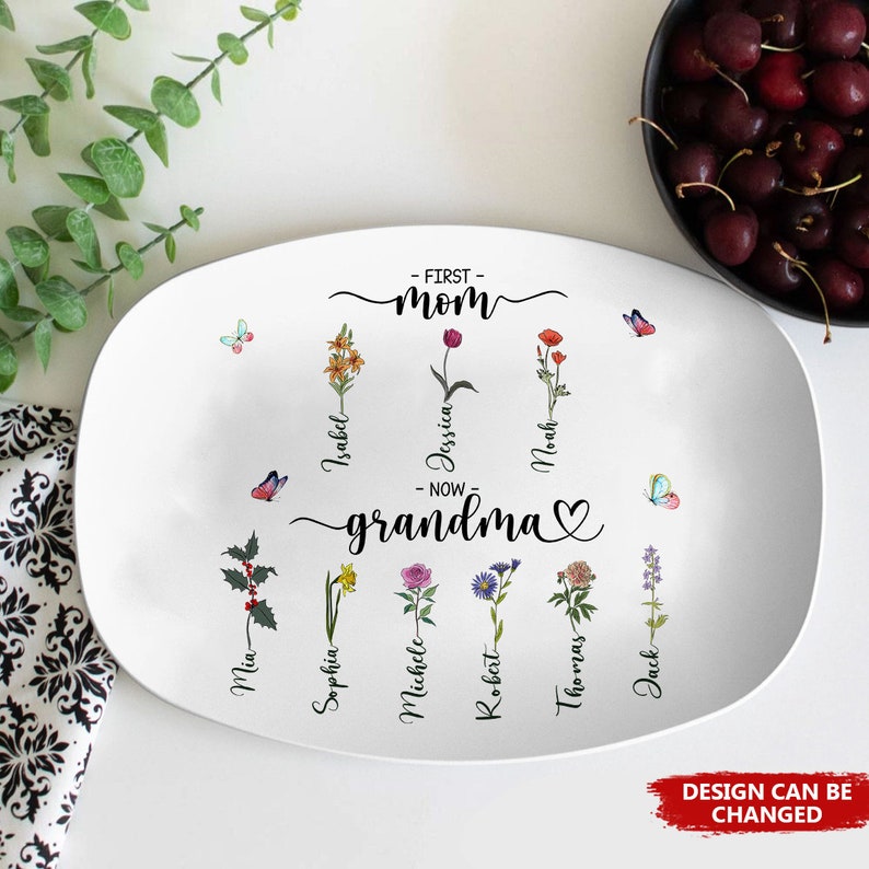 First Mom Now Grandma, Personalized Platter, Birth Month Flower Family Personalized Plate, Birthday, Mother's Day Gift for Grandma, Mom image 1