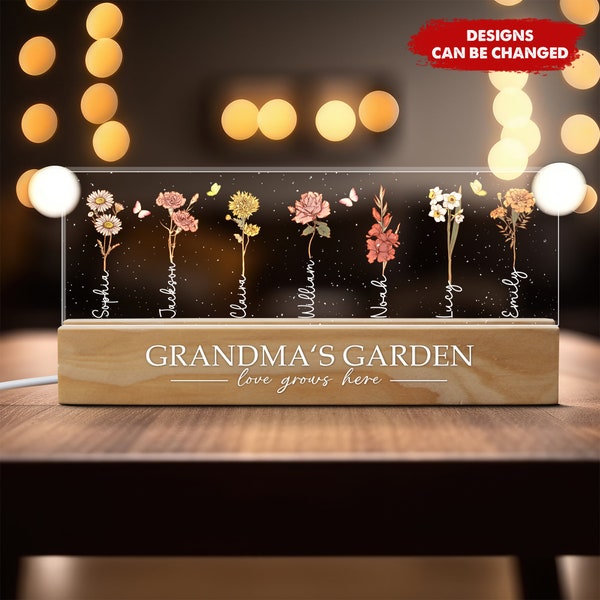 Personalisiertes Omas Garten-LED-Nachtlicht, individuelle Geburtsmonatsblume mit Kindernamen, Nachtlicht, Geburtstag, Muttertagsgeschenk für Oma und Mutter