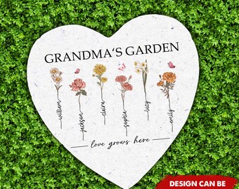 Piedra de jardín de corazón de flores personalizada del mes de nacimiento, piedra de jardín de corazón de jardín de la abuela personalizada, cumpleaños, regalo del día de la madre para la abuela mamá