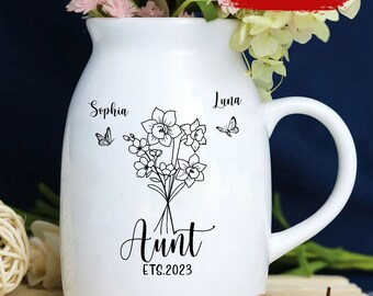 Personalized Birth Month Flower Flower Vase, Pregnancy Announcement Gift, New Aunt gift, Birthday, Mother's Day Gift for Aunt Sister Friend