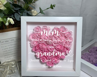 First Mom Now Grandma, Personalized Mom Heart Flower Shadow Box, Personalized Mom Gift, Birthday, Mother's Day Gift for Grandma Mom Nana