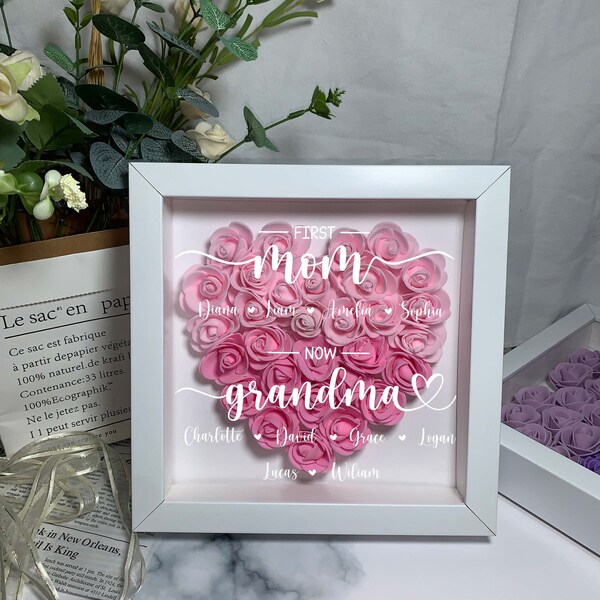 First Mom Now Grandma, Personalized Mom Heart Flower Shadow Box, Personalized Mom Gift, Birthday, Mother's Day Gift for Grandma Mom Nana