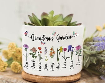 Mini cache-pot personnalisé pour le jardin de grand-mère, jardin de maman, pot de plante personnalisé pour famille de fleurs le mois de naissance, cadeau de fête des mères pour grand-mère et maman