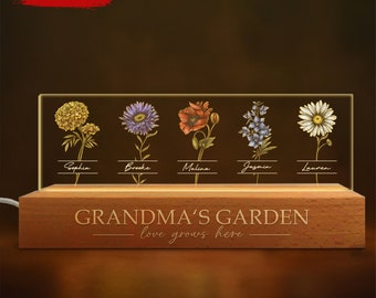 Oma's tuin LED-licht, gepersonaliseerde geboortemaand bloem met kindernamen nachtlampje, verjaardag, Moederdag cadeau voor oma moeder