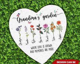 Pierre de jardin coeur de grand-mère personnalisée, mois de naissance, famille de fleurs, pierre de jardin personnalisée, cadeau de fête des mères pour grand-mère maman