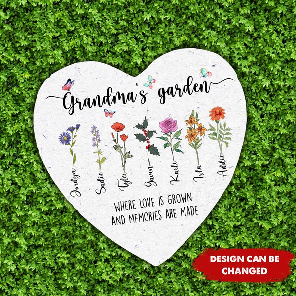 Personalized Grandma's Garden Heart Garden Stone, Birth Month Flower Family Custom Garden Stone, Mothers Day Gift for Grandma Mom
