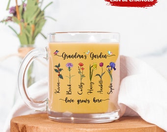 Personalized Grandma's Garden Glass Mug, Birth Month Flower Family Personalized Glass Mug, Birthday, Mother's Day Gift for Grandma, Mom