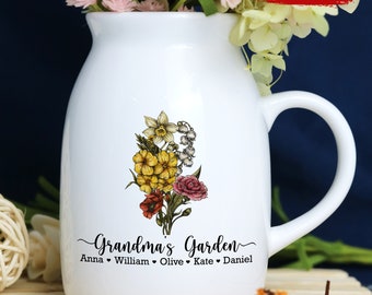 Personalized Birth Flower Family Bouquet Mini Ceramic Vase, Custom Grandma's Garden Mini Vase, Birthday, Mother's Day Gift for Grandma Mom