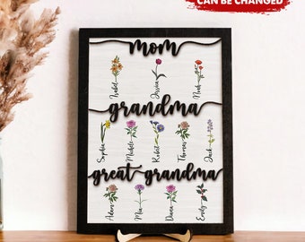 Mom Grandma Great Grandma Wood Sign, Custom Birth Month Flower Wood Sign With Kids Names, Birthday, Mother's Day Gift for Grandma Mom Nana