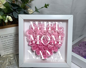 Wife Mom Grandma, Personalized Heart Flower Shadow Box, Rose Frame Box, Birthday, Mother's Day Gift for Grandma Mom Wife