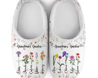 Personalized Grandma's Garden Slippers, Birth Month Flower Family Personalized Slippers, Mothers Day Gift for Grandma, Mom