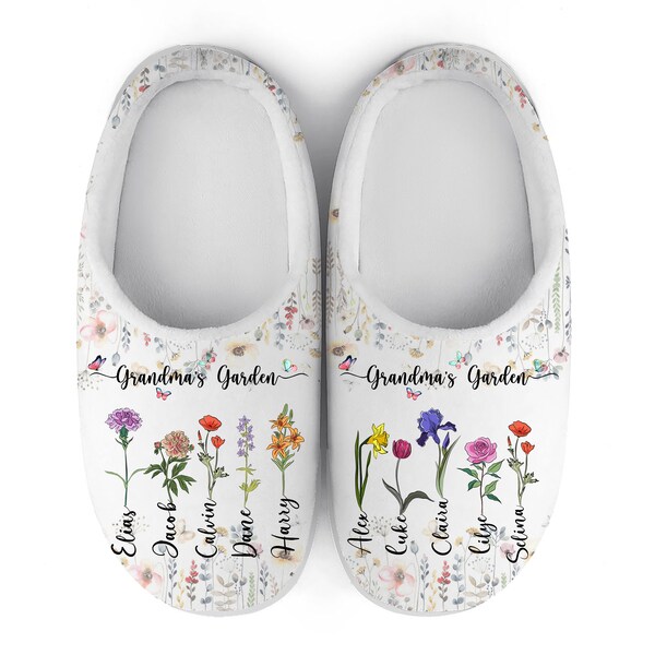 Personalized Grandma's Garden Slippers, Birth Month Flower Family Personalized Slippers, Mothers Day Gift for Grandma, Mom