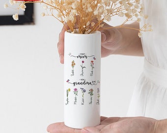 Première maman maintenant grand-mère, vase de fleurs en céramique personnalisé, vase personnalisé pour famille de fleurs le mois de naissance, anniversaire, cadeau de fête des mères pour grand-mère, maman