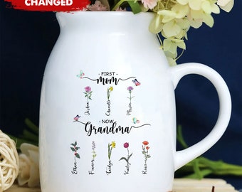 First Mom Now Grandma, Personalized Mini Flower Vase, Birth Month Flower Family Customized Vase, Mother's Day Gift for Grandma Mom Nana