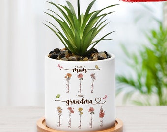 First Mom Now Grandma Flower Plant Pot, Customized Birth Month Flower Plant Pot with Kids Names, Birthday, Mother's Day Gift for Grandma Mom