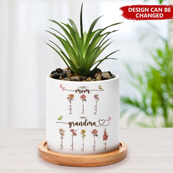 First Mom Now Grandma Flower Plant Pot, Customized Birth Month Flower Plant Pot with Kids Names, Birthday, Mother's Day Gift for Grandma Mom