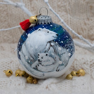 Hand Painted Winter Snow Scene Glass Premium Christmas Ornament Baby Bear
