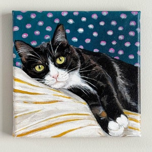 Vibrant Hand-Painted Cat Portrait on Canvas Tuxedo Cat