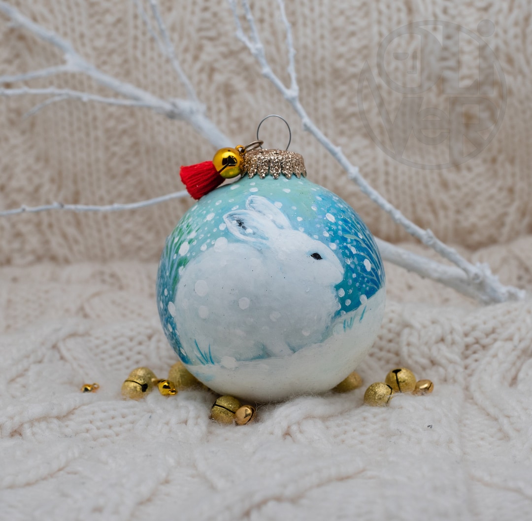 Hand Painted Winter Snow Scene Glass Premium Christmas Ornament Bunny ...