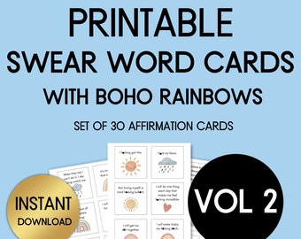 Tarjetas de afirmación juradas, Afirmaciones atrevidas, Baraja de afirmaciones rudas, Tarjetas IMPRIMIBLES, Tarjetas de aliento, Conjunto de 30, Arco iris boho
