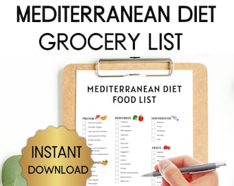 May include: A printable Mediterranean diet grocery list checklist on a clipboard. The list includes categories for protein, vegetables, seafood, fruits, fats, and dairy. The list is organized with checkboxes next to each food item.