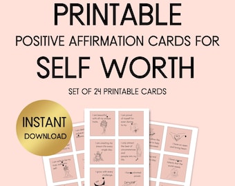 Self Worth Affirmation Cards, Printable Affirmation Cards, Set of 24 Printable Cards, Self Worth Affirmation Printable