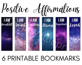 I Am Affirmations, Printable Galaxy Bookmarks Set of 6, Positive Affirmation Cards, DIGITAL DOWNLOAD, Unique Bookmarks for Books, Quotes
