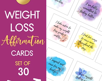 Puede incluir: Un conjunto de 30 tarjetas de afirmación para perder peso con diseños florales de acuarela. Las tarjetas presentan afirmaciones positivas como "Disfruto de las actividades físicas", "Estoy totalmente comprometido a sentirme mejor", "Tomo medidas para hacer realidad mis objetivos de pérdida de peso", "Respeto y cuido mi cuerpo", "Encuentro formas divertidas de moverme más durante el día", y "Me veo a mí mismo sintiéndome bien con mi ropa".