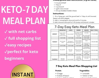 Super Easy 7 Day Keto Meal Plan, Keto Diet Meal Plan, PDF, Meal Plan With Net Carbs and Shopping List, Low Carb Diet, Keto Weight Loss