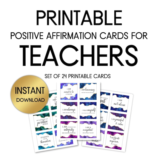 Affirmation Cards for Teachers, Teacher Affirmation Cards, Teacher Appreciation Gift, 24 Printable Cards, PDF, PRINTABLE