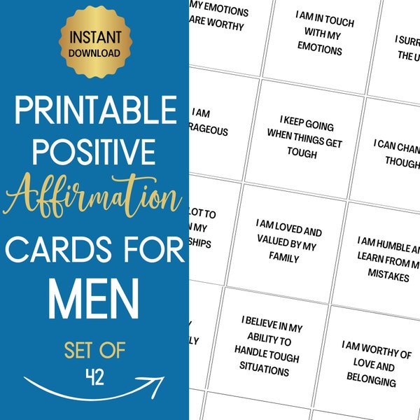 Affirmation Cards For Men, 42 Printable Cards, Daily Positive Affirmation Cards for Men to Build Confidence & Improve Mental Health