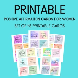 Tarjetas de afirmación imprimibles para el amor propio de las mujeres, conjunto de 48 tarjetas de afirmación, baraja de tarjetas de afirmación positiva, imprimibles de tablero de visión