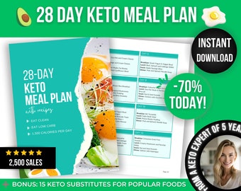 May include: A turquoise and white digital download for a 28-day keto meal plan with recipes. The plan includes 1,500 calories per day and has sold over 2,500 copies. The image also includes a bonus of 15 keto substitutes for popular foods.