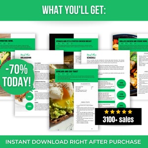 Pode incluir: Um download digital de um plano de refei&ccedil;&otilde;es com receitas para um smoothie bowl verde, peito de frango recheado com espinafre e feta, torrada de abacate e ovo e tigela de frango grelhado e vegetais. O plano de refei&ccedil;&otilde;es inclui um cronograma, ingredientes, instru&ccedil;&otilde;es e informa&ccedil;&otilde;es nutricionais. O texto "Meal Plan Breakdown" e "-70% Today!" s&atilde;o vis&iacute;veis na p&aacute;gina. O texto "3100+ sales" tamb&eacute;m &eacute; vis&iacute;vel.