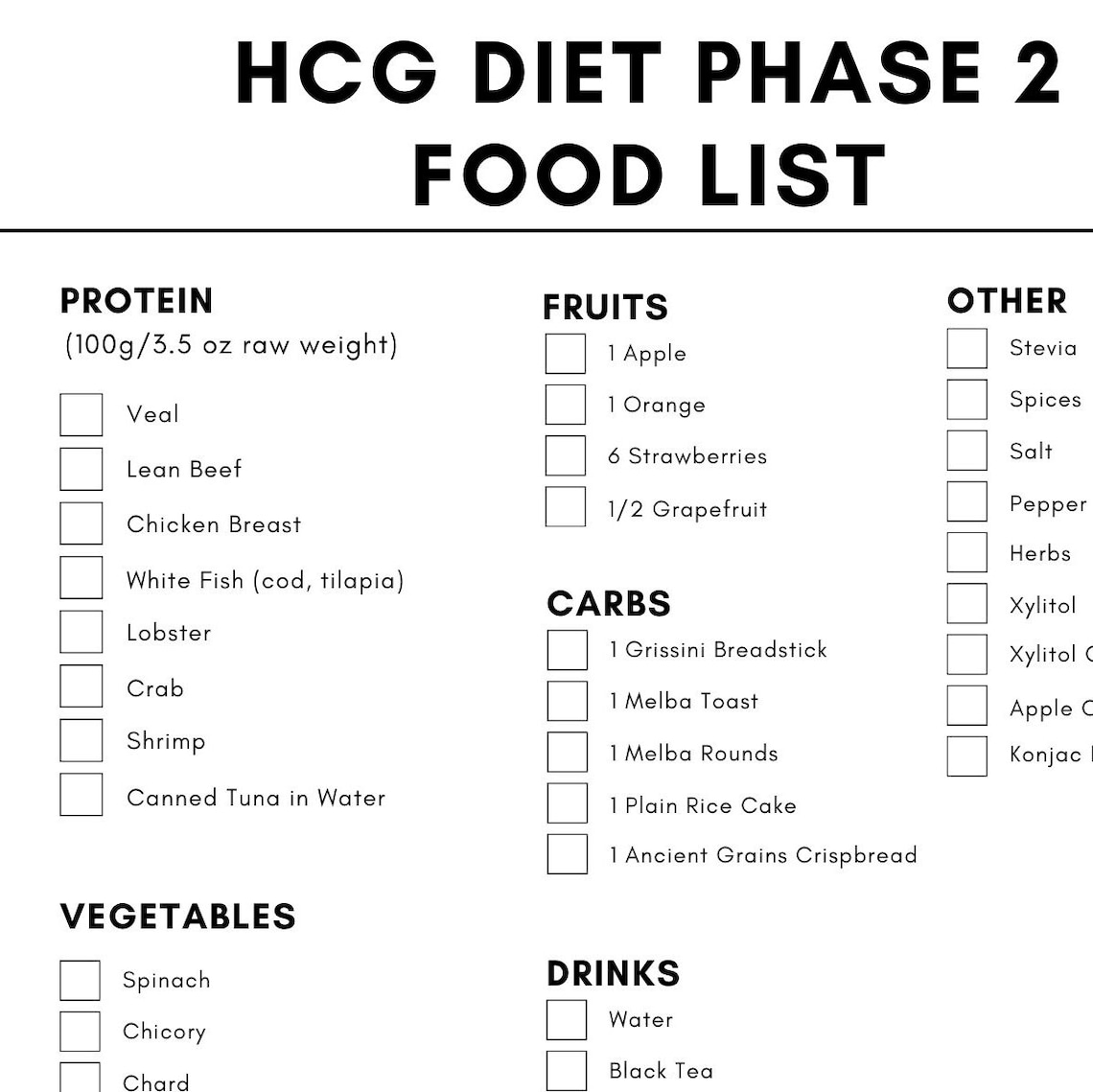 HCG Diet Phase 2 Food List, HCG Phase 2 Food List PDF, Food Tracker
