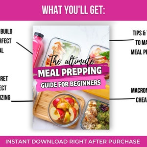 以下が含まれることがあります： 「The ultimate MEAL PREPPING GUIDE FOR BEGINNERS」というテキストと、中に食べ物が入った食事の準備容器の画像が載っているピンクと白のグラフィック。グラフィックには、「完璧な食事の作り方」、「完璧な量の秘密」、「食事の準備をマスターするためのヒントとテクニック」、「マクロ栄養素のチートシート」など、食事の準備の利点を説明するテキストも含まれています。