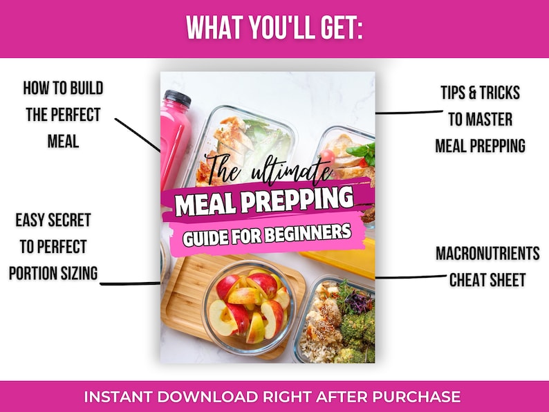 以下が含まれることがあります： 「The ultimate MEAL PREPPING GUIDE FOR BEGINNERS」というテキストと、中に食べ物が入った食事の準備容器の画像が載っているピンクと白のグラフィック。グラフィックには、「完璧な食事の作り方」、「完璧な量の秘密」、「食事の準備をマスターするためのヒントとテクニック」、「マクロ栄養素のチートシート」など、食事の準備の利点を説明するテキストも含まれています。