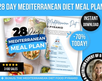 28 Day Mediterranean Diet Meal Plan Printable, 1500 Calorie Mediterranean Diet, Healthy Recipes, 4 Week Meal Plan, Heart Healthy Diet, PDF