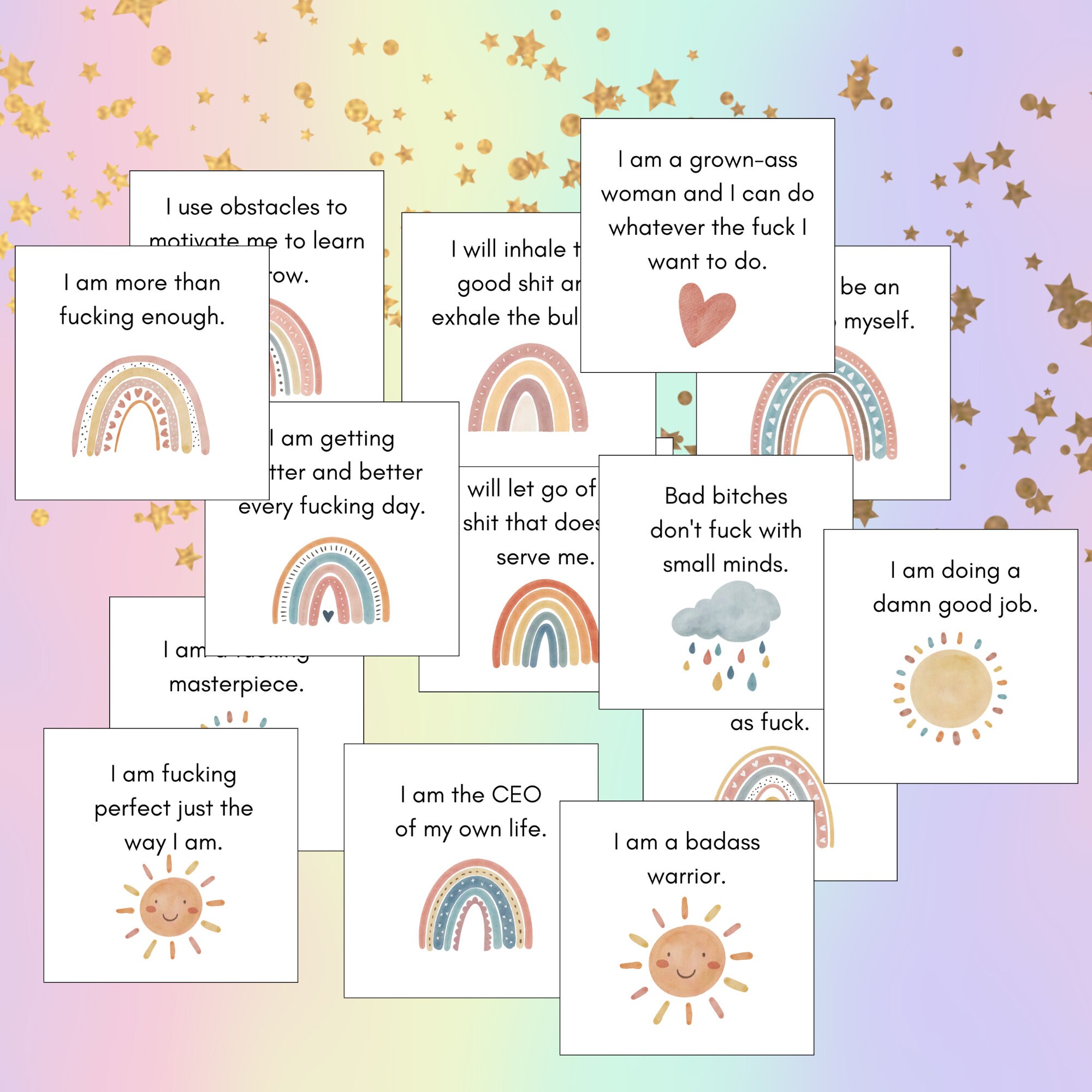 Printable Swear Affirmation Cards, Sarcastic Motivational Cards For Women, Affirmations For A