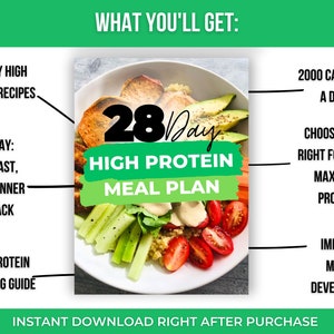 Pode incluir: Um gr&aacute;fico verde e branco com o texto "28 Day High Protein Meal Plan" e uma tigela de comida com quinoa, batata doce, tomates, abacate e pepinos. O gr&aacute;fico tamb&eacute;m inclui o texto "84 Easy High Protein Recipes", "Each Day: Breakfast, Lunch, Dinner & A Snack", "High Protein Shopping Guide", "2000 Calories A Day", "Choosing the Right Foods for Maximum Protein", and "Improved Muscle Development".