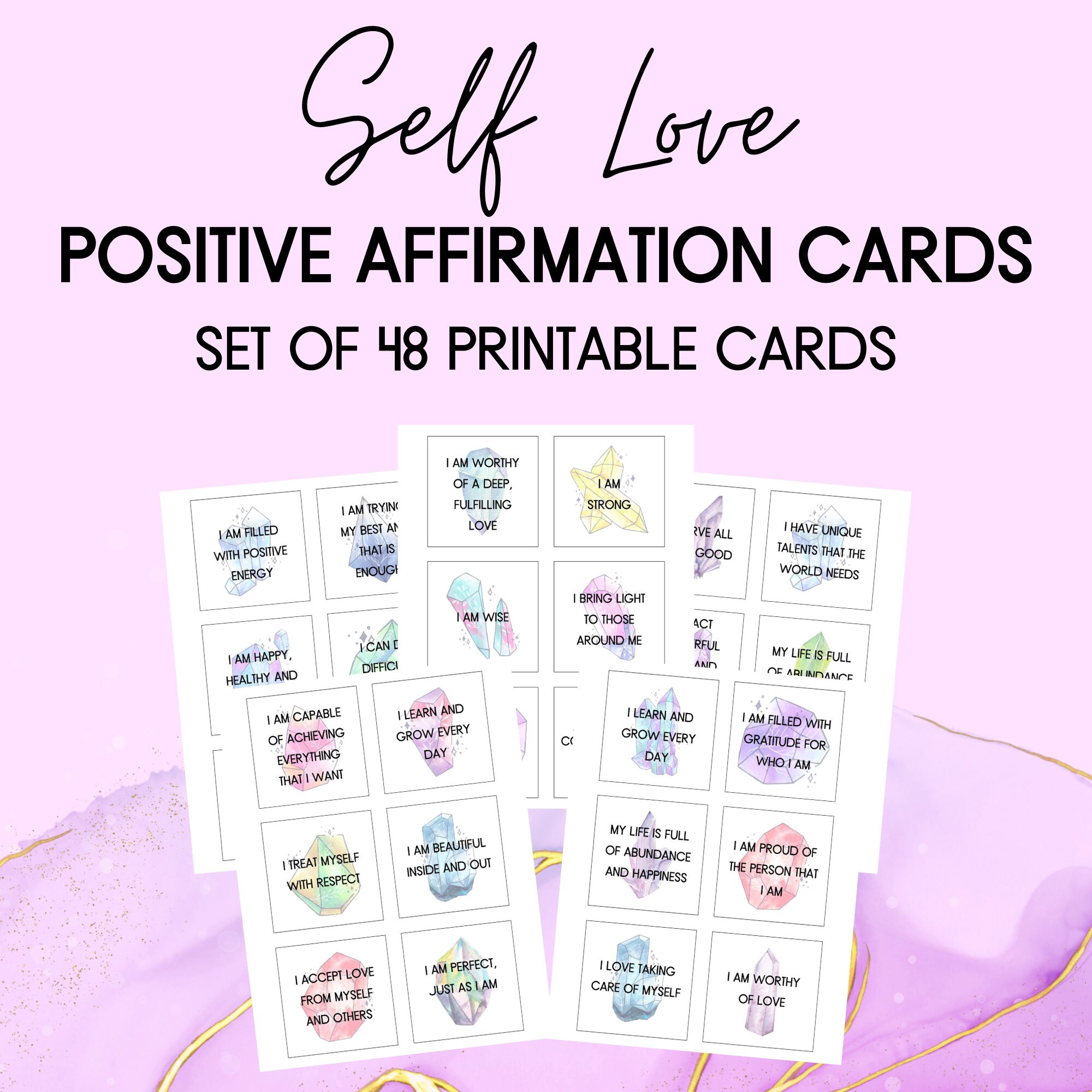 Printable Affirmation Cards, Self Love Affirmation Cards, Set of 48 ...