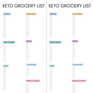 May include: A printable keto grocery list with checkboxes for different food categories, including protein, vegetables, fruits, nuts & seeds, dairy, seasonings, and baking & pantry items. The list is divided into two columns.