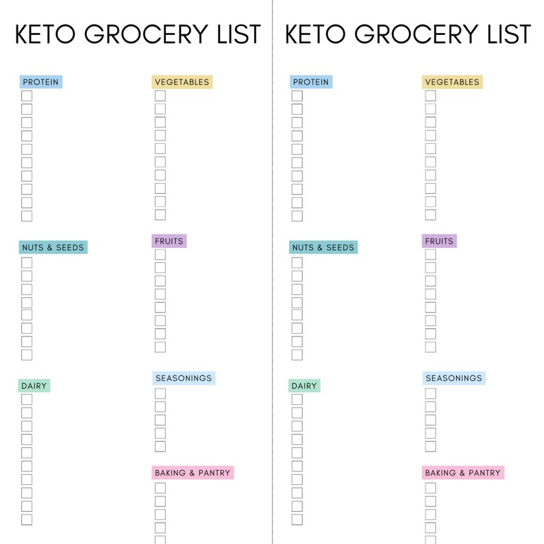May include: A printable keto grocery list with checkboxes for different food categories, including protein, vegetables, fruits, nuts & seeds, dairy, seasonings, and baking & pantry items. The list is divided into two columns.