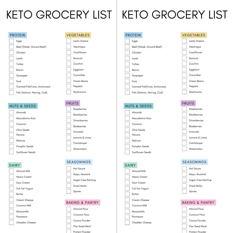 May include: A printable keto grocery list with checkboxes for various food categories, including protein, vegetables, fruits, nuts & seeds, dairy, seasonings, and baking & pantry items. The list is divided into two columns, with the same categories on each side.