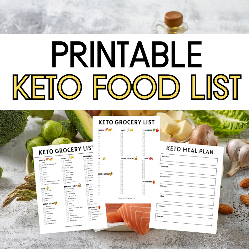 May include: Printable Keto Grocery List and Meal Plan. Two black and white printable checklists with the text "Keto Grocery List" and "Keto Meal Plan". The checklists are surrounded by various keto-friendly foods, including broccoli, Brussels sprouts, asparagus, avocado, salmon, almonds, garlic, mushrooms, and cheese.