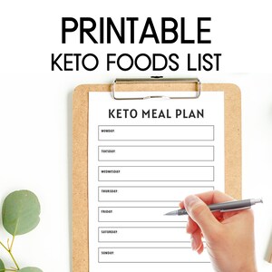 May include: A printable keto meal planner with a white background and a brown clipboard. The planner has a title that says "Keto Meal Plan" and lists the days of the week with blank lines for meal planning.