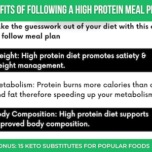 Pode incluir: Um infogr&aacute;fico verde e preto intitulado "Benef&iacute;cios de seguir um plano de refei&ccedil;&otilde;es rico em prote&iacute;nas:" lista quatro benef&iacute;cios de uma dieta rica em prote&iacute;nas: eliminar as suposi&ccedil;&otilde;es da dieta, promover a saciedade e o gerenciamento de peso, queimar mais calorias do que carboidratos e gorduras e apoiar a melhoria da composi&ccedil;&atilde;o corporal. O infogr&aacute;fico tamb&eacute;m inclui uma dica b&ocirc;nus: "15 substitutos ceto para alimentos populares."