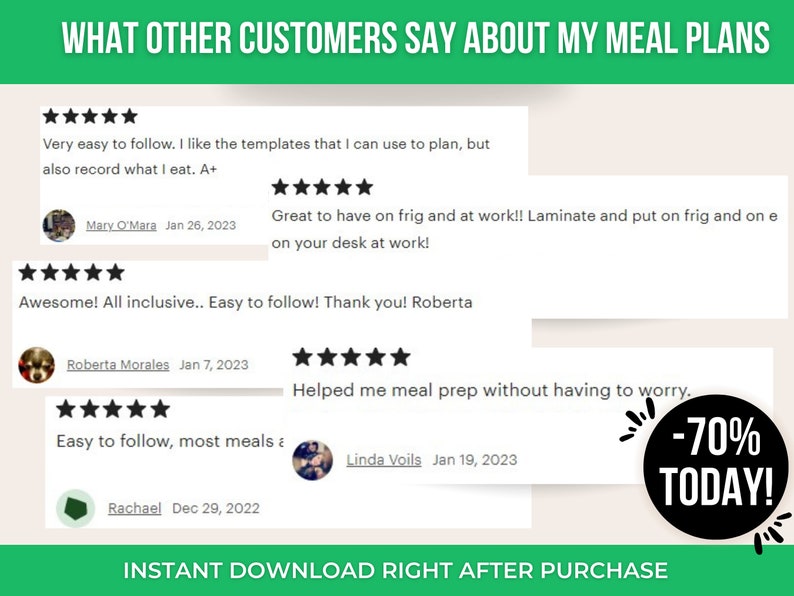 Pode incluir: Um fundo verde com texto branco que diz "WHAT OTHER CUSTOMERS SAY ABOUT MY MEAL PLANS".  Abaixo do texto, h&aacute; avalia&ccedil;&otilde;es de cinco estrelas de clientes sobre planos de refei&ccedil;&otilde;es.  As avalia&ccedil;&otilde;es incluem os nomes dos clientes, as datas e os coment&aacute;rios sobre os planos de refei&ccedil;&otilde;es.  O texto "INSTANT DOWNLOAD RIGHT AFTER PURCHASE" est&aacute; na parte inferior da imagem.  Um c&iacute;rculo preto com texto branco que diz "-70% TODAY!" est&aacute; no canto inferior direito da imagem.